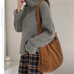 Korean style versatile large capacity shopping bag, casual and artistic washed corduroy, simple retro women's shoulder bag