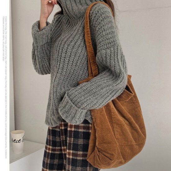 Korean style versatile large capacity shopping bag, casual and artistic washed corduroy, simple retro women's shoulder bag