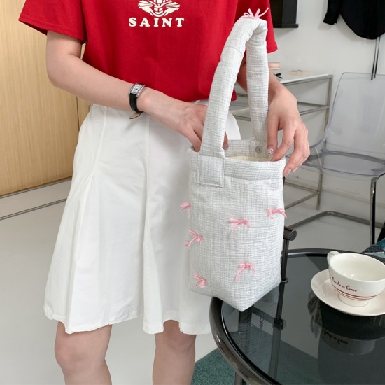 Summer New Bow Handbag Bucket Bag INS Niche Design Handbag Student Shopping Cotton Bag