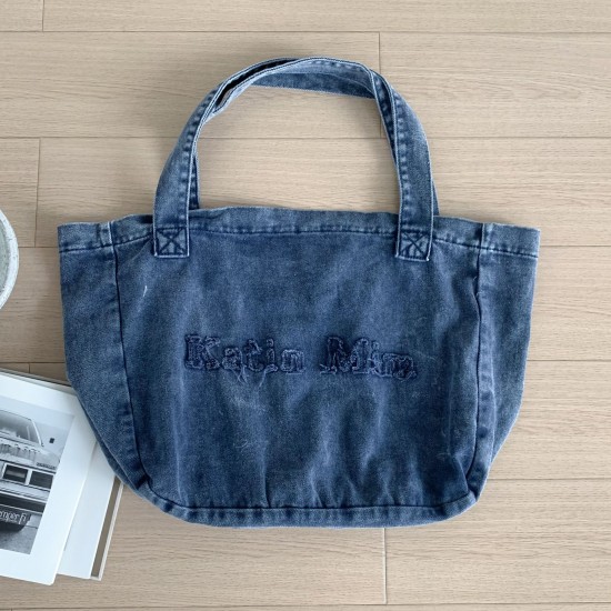 New canvas washed denim color retro embroidered letter Korean style fashion versatile lazy style ins shoulder bag