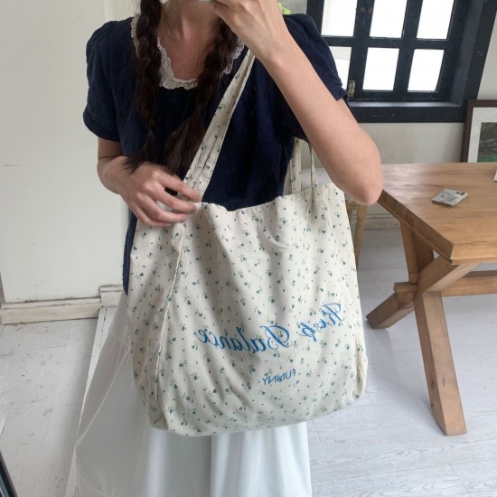 2025 New Floral Print Shoulder Bag, Large Capacity, Korean Style, Original Retro, INS, Travel, Letter, Niche Tote Bag, Trendy