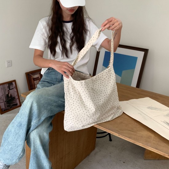 Korean Style Small Floral Print Girl Canvas Bag, Elegant and Gentle Tote Bag, Reversible, Suitable for Class, Travel, Commute, Shoulder Bag