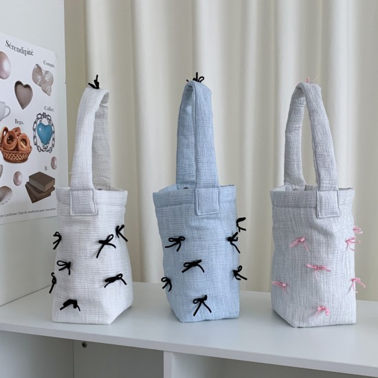 Summer New Bow Handbag Bucket Bag INS Niche Design Handbag Student Shopping Cotton Bag
