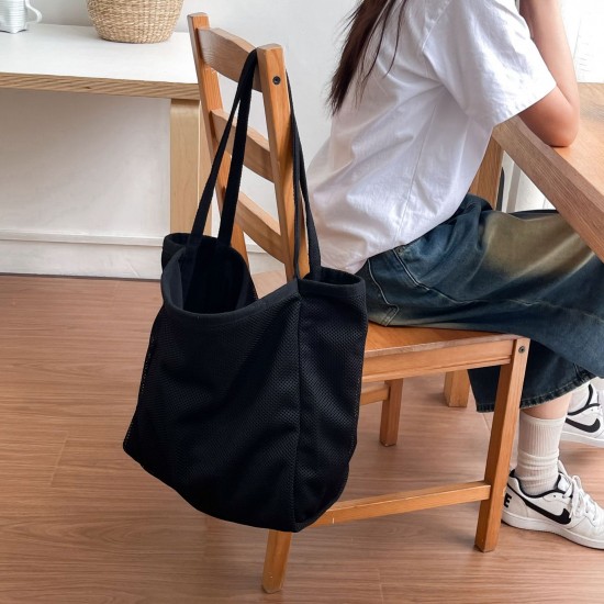 Reversible! Super popular Korean style minimalist large capacity mesh shoulder bag for women, fashionable and versatile nylon cloth bag for commuting