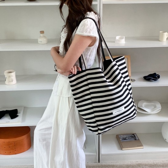 Reversible~ Fine striped canvas bag for women, Korean style fashionable tote bag, trendy student casual commuting shopping bag