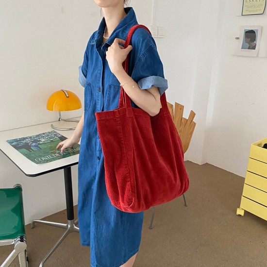 2025 Simple Solid Color Corduroy Washed Shopping Bag, Large Capacity, Fashionable Autumn/Winter Artistic Women's Shoulder Bag