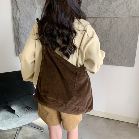 New Corduroy Japanese Style Large Capacity Artistic Mori Girl Lazy Tote Bag, Harajuku Retro Washed Fashion Crossbody Bag