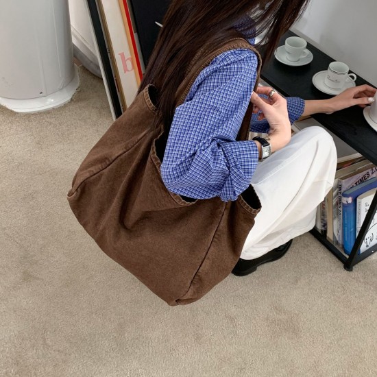 Korean trending canvas shoulder bag for women, chic, artsy, versatile, vintage washed tote bag.