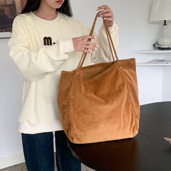 Korean style artistic, forest-style, washed corduroy bag, large capacity, versatile, minimalist, casual, retro tote shoulder bag