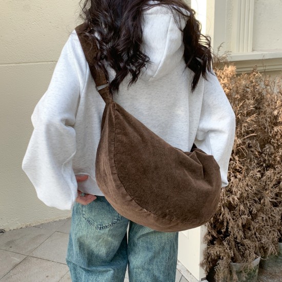 Japanese Style Washed Retro Corduroy Tote Bag, Lazy Style, Solid Color, Artistic, Casual, Large Capacity Dumpling Crossbody Bag