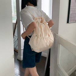 Korean style ins minimalist fresh solid color pleated drawstring large capacity casual literary versatile canvas backpack