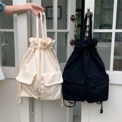 New 2025 Korean Style Women's Bag Solid Color Large Capacity Personalized Literary Versatile Drawstring Women's Handbag Backpack Canvas Bag
