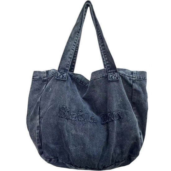 New canvas washed denim color retro embroidered letter Korean style fashion versatile lazy style ins shoulder bag