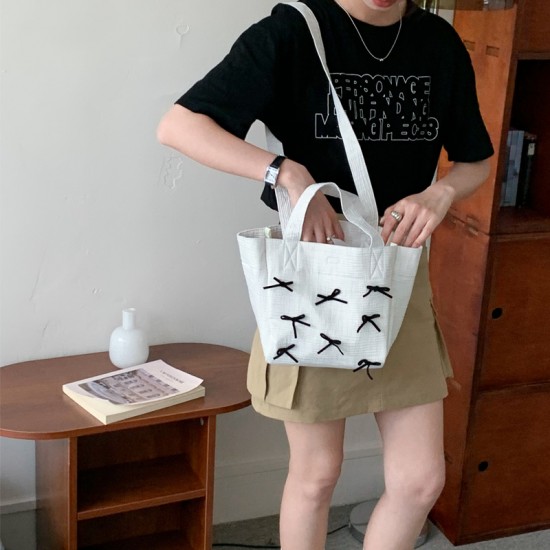 Large capacity cotton bag bow college student commuting fashion 2025 new stylish versatile crossbody tote bag Bags