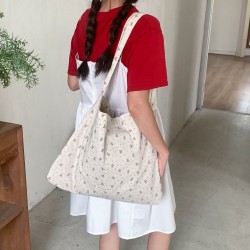 Korean Style Small Floral Print Girl Canvas Bag, Elegant and Gentle Tote Bag, Reversible, Suitable for Class, Travel, Commute, Shoulder Bag