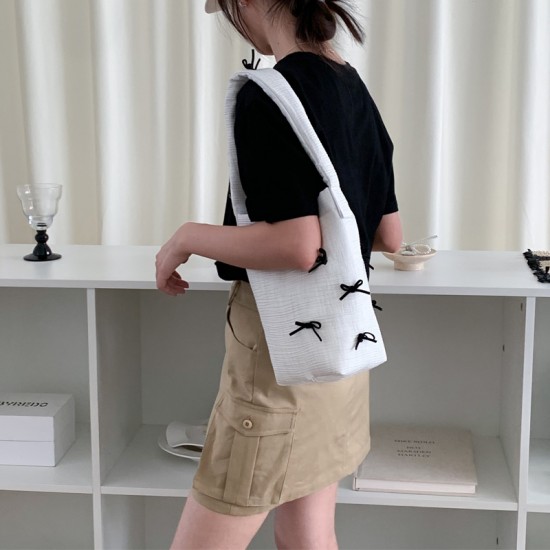 Summer New Bow Handbag Bucket Bag INS Niche Design Handbag Student Shopping Cotton Bag