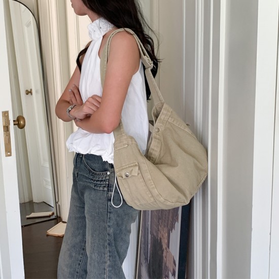 Korean style ins heavy wash retro canvas bag, fashionable casual versatile tote bag, relaxed large capacity crossbody bag