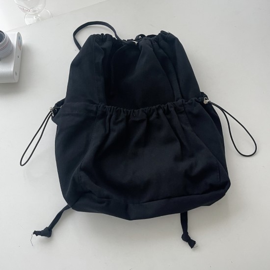 Korean style ins minimalist fresh solid color pleated drawstring large capacity casual literary versatile canvas backpack
