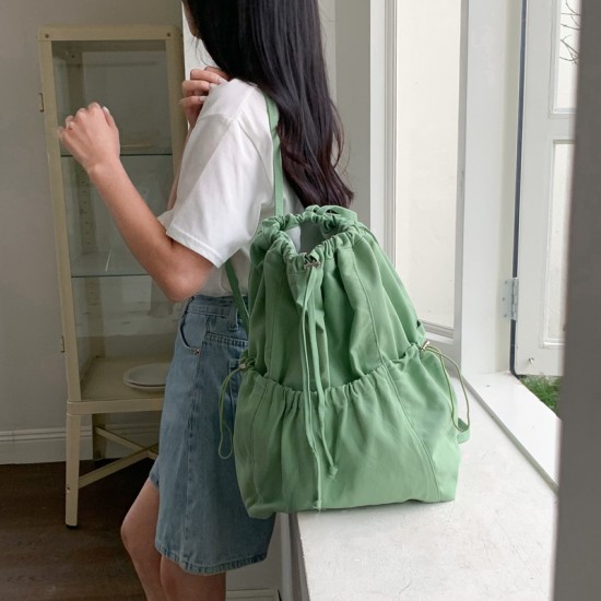 Korean style ins minimalist fresh solid color pleated drawstring large capacity casual literary versatile canvas backpack