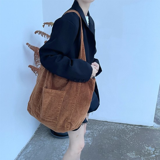 2025 Simple Solid Color Corduroy Washed Shopping Bag, Large Capacity, Fashionable Autumn/Winter Artistic Women's Shoulder Bag