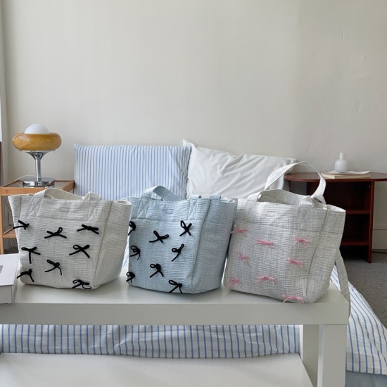 Large capacity cotton bag bow college student commuting fashion 2025 new stylish versatile crossbody tote bag Bags