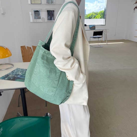 Featured Retro Heavy Washed Canvas Bag, Simple Mori Style Solid Color Large Capacity Artistic Versatile Women's Shoulder Bag