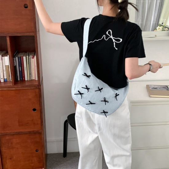 Muye Leather Goods ~ Japanese style, minimalist, large capacity girly bag, 2025 new cotton bow crossbody bag