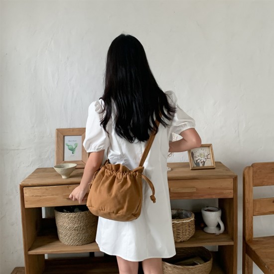 Korean Style Mini Crossbody Bag with Drawstring Fit, Harajuku Style, Casual, Cute, Artistic, Simple Bucket Bag