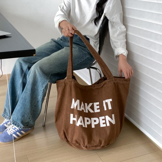 All Seasons New Trendy Style Super Large Capacity Letter Print Fashion Simple Versatile Casual Washed Denim Shoulder Bag