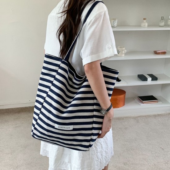 Reversible~ Fine striped canvas bag for women, Korean style fashionable tote bag, trendy student casual commuting shopping bag
