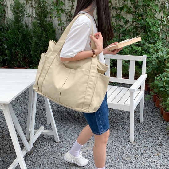 Korean style casual solid color internet celebrity trendy cloth bag, simple fashion large capacity versatile women's shoulder canvas bag