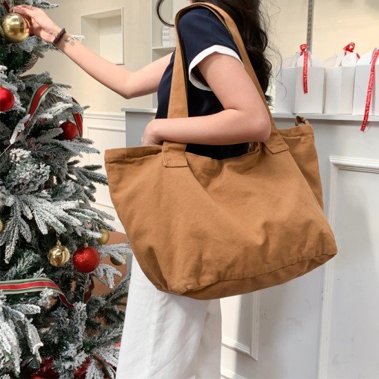 New Large Capacity Simple Zipper Korean Style Washed Canvas Bag, Fashionable INS Student Versatile Tote Shoulder Bag