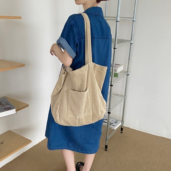 2025 Simple Solid Color Corduroy Washed Shopping Bag, Large Capacity, Fashionable Autumn/Winter Artistic Women's Shoulder Bag