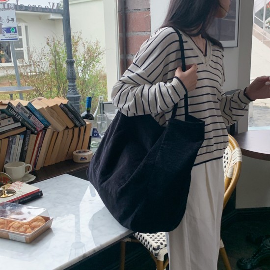 Korean style artistic, forest-style, washed corduroy bag, large capacity, versatile, minimalist, casual, retro tote shoulder bag