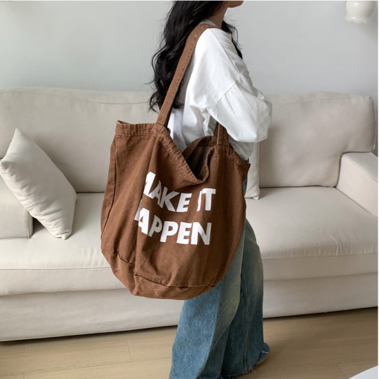 All Seasons New Trendy Style Super Large Capacity Letter Print Fashion Simple Versatile Casual Washed Denim Shoulder Bag