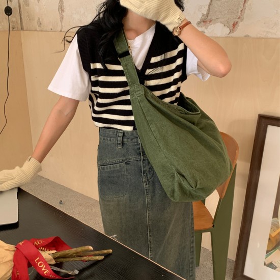 2025 Spring/Summer New Original Simple Korean Style Washed Canvas Bag, Large Capacity, Casual, Fashionable, Versatile Crossbody Bag