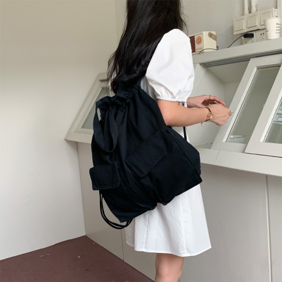 New 2025 Korean Style Women's Bag Solid Color Large Capacity Personalized Literary Versatile Drawstring Women's Handbag Backpack Canvas Bag