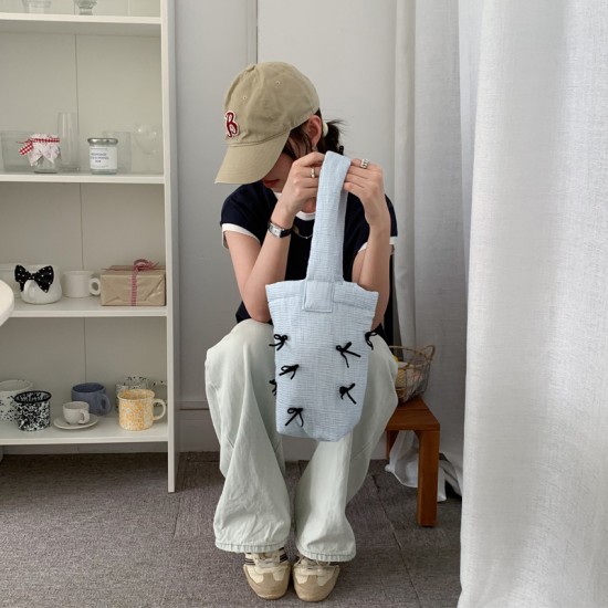 Summer New Bow Handbag Bucket Bag INS Niche Design Handbag Student Shopping Cotton Bag