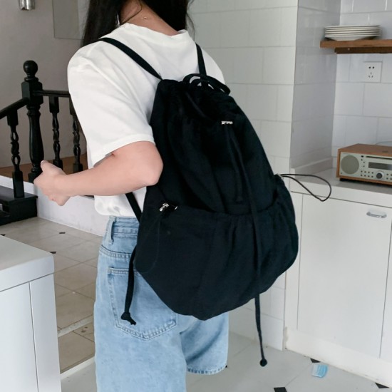 Korean style ins minimalist fresh solid color pleated drawstring large capacity casual literary versatile canvas backpack