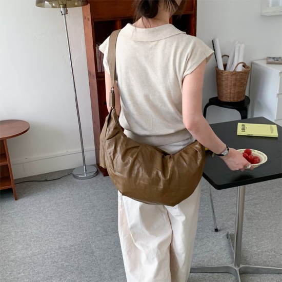 2025 Korean style, ins, large capacity, retro soft leather, pleated, lazy style, casual and versatile crossbody bag