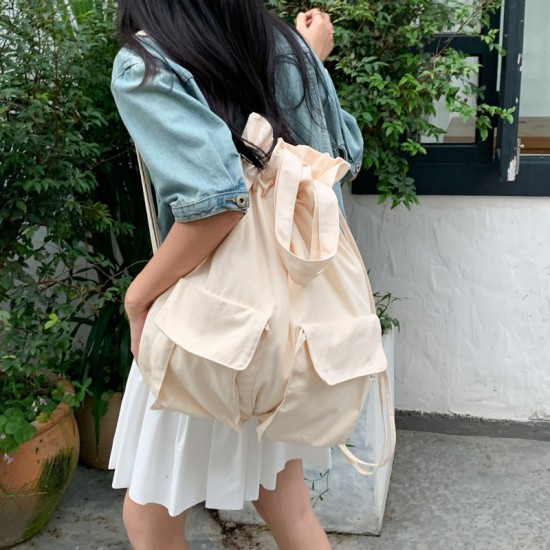 New 2025 Korean Style Women's Bag Solid Color Large Capacity Personalized Literary Versatile Drawstring Women's Handbag Backpack Canvas Bag