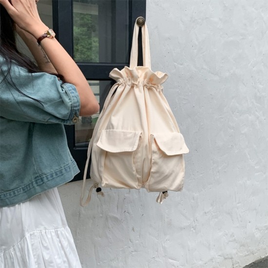 New 2025 Korean Style Women's Bag Solid Color Large Capacity Personalized Literary Versatile Drawstring Women's Handbag Backpack Canvas Bag