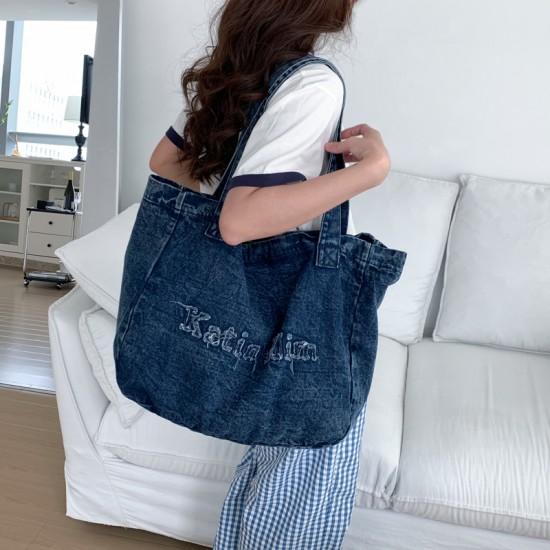 New canvas washed denim color retro embroidered letter Korean style fashion versatile lazy style ins shoulder bag