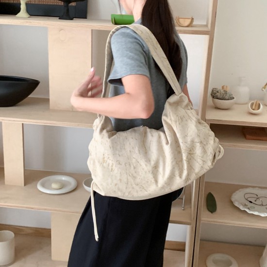 Original chic textured high-end tote nylon cloth bag large capacity commuting ins drawstring pleated shoulder bag